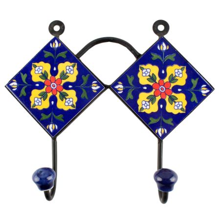 Navy Blue With Yellow Flower Ceramic Tile Wall Hook